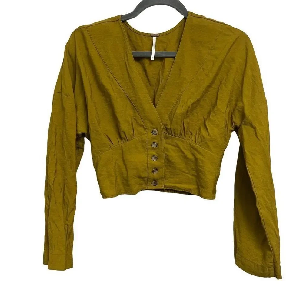 Free People Forever Yours Long Sleeve Button Front V-Neck Top Size XS